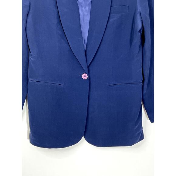Bridgewater Navy Blue 100% Silk One Button Sewn In Shoulder Pads Blazer Size 8 - Picture 3 of 8